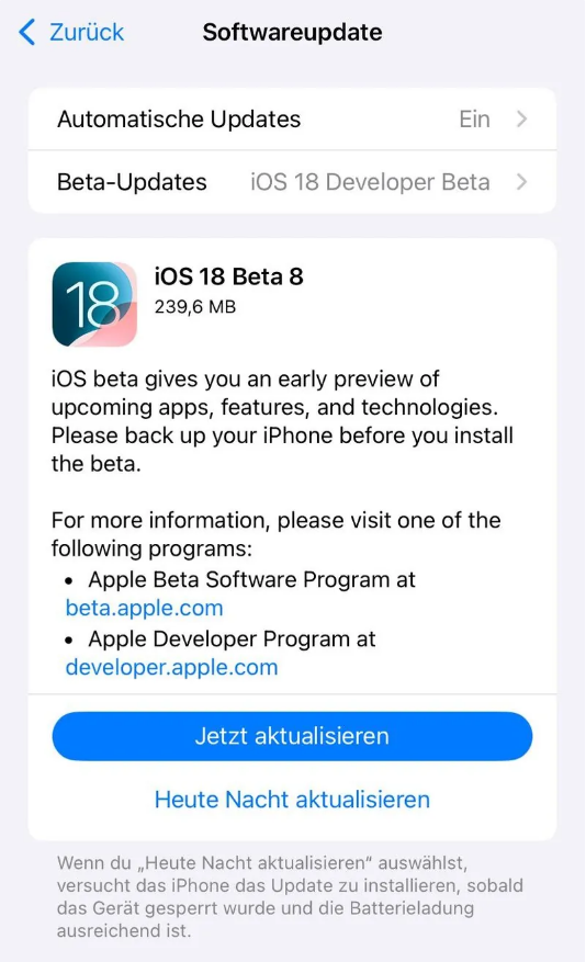 贡觉苹果手机维修分享苹果 iOS / iPadOS 18 开发者预览版 Beta 8 发布 